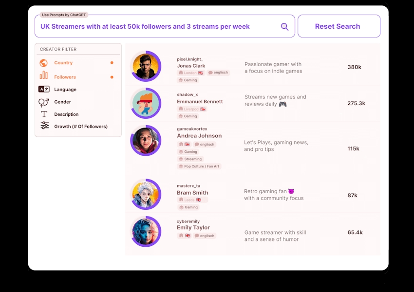 Twitch influencer search