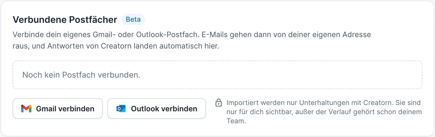 Verbundene Postfächer in den Outreach-Einstellungen, mit den Buttons Gmail verbinden und Outlook verbinden