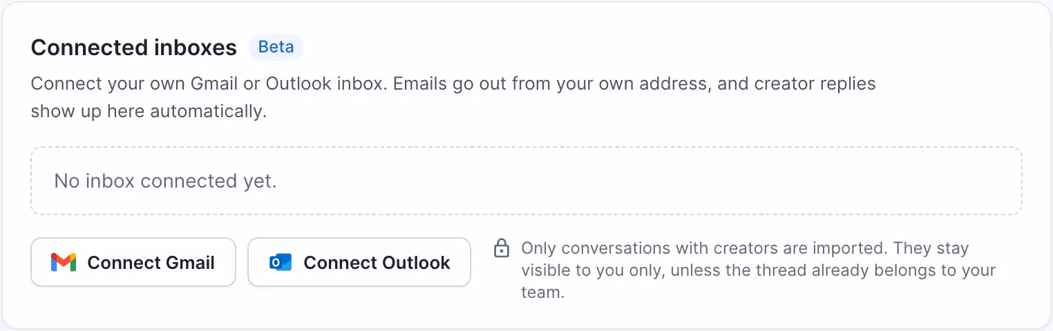 Connected inboxes in the Outreach settings, with the buttons Connect Gmail and Connect Outlook