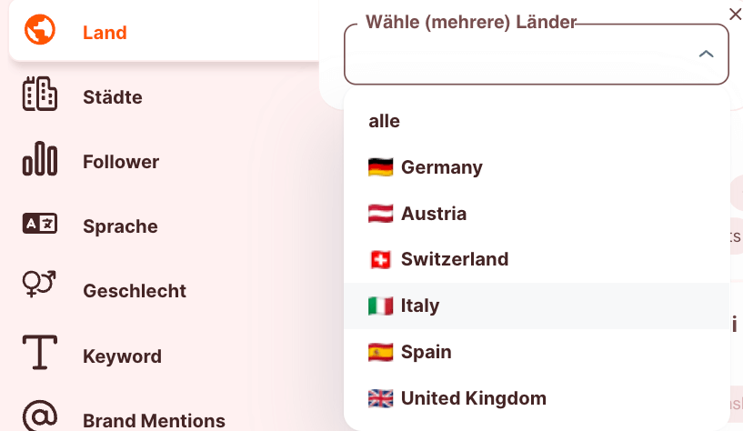 Influencer Suche -  Mehrere Länder für die Suche auswählen