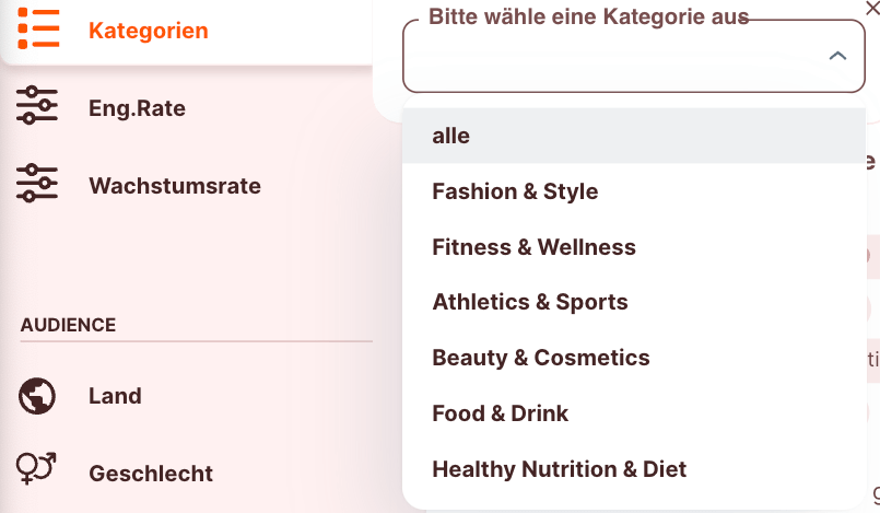 Influencer Suche - Kategorien wie z.B. Fashion & Style angeben