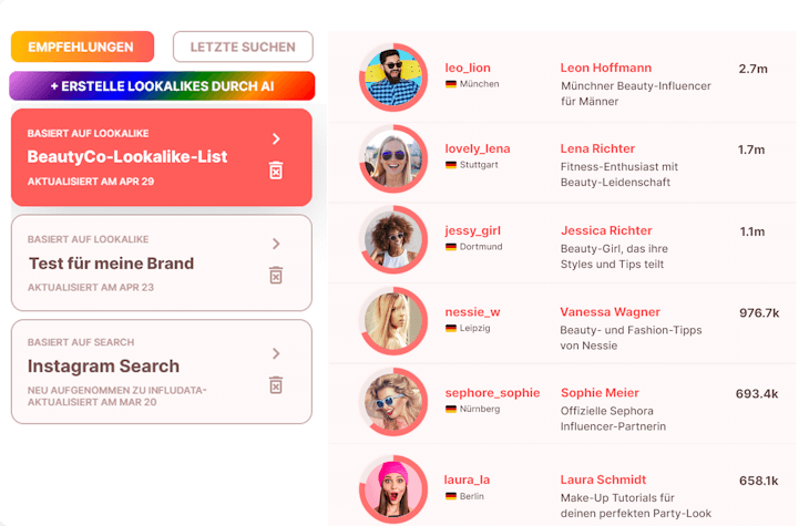 Screenshot aus der influData App, der die  AI-Lookalike-Suche zeigt, bei der bis zu 3 Brand-Accounts oder 10 Influencer-Accounts angegeben und aus Basis dessen passende Influencer anzeigt werden.